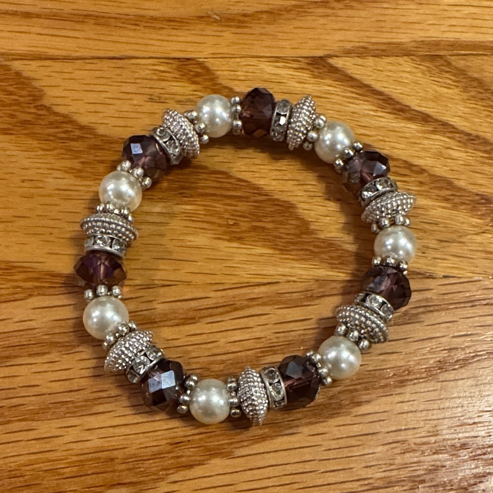 Purple Glass Faux Pearl Silvery Metal Bracelet